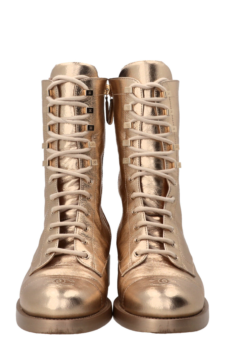 CHANEL CC Lace Up High Ankle Boots Leather Gold Calfskin Gold