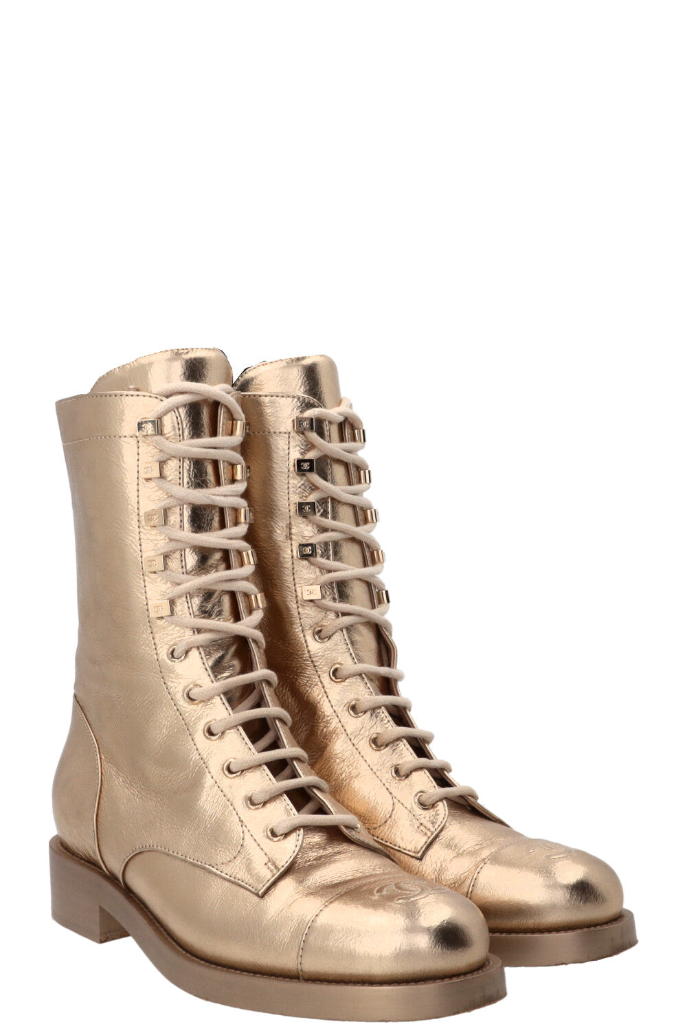 CHANEL CC Lace Up High Ankle Boots Leather Gold Calfskin Gold
