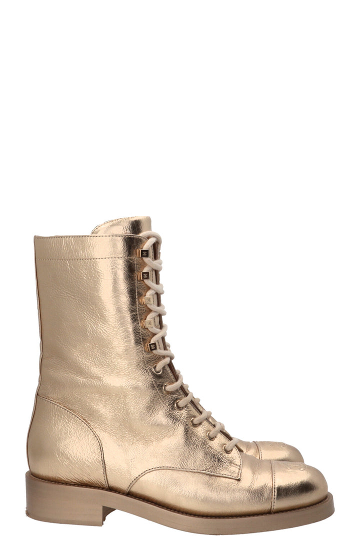 CHANEL CC Lace Up High Ankle Boots Leather Gold Calfskin Gold