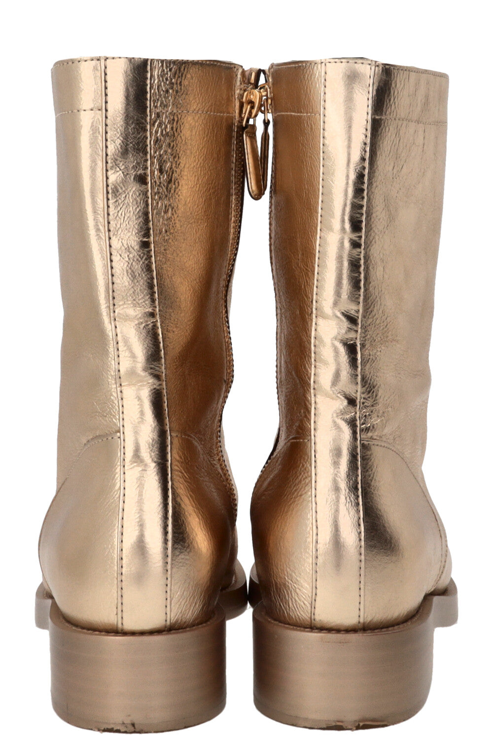 CHANEL CC Lace Up High Ankle Boots Leather Gold Calfskin Gold