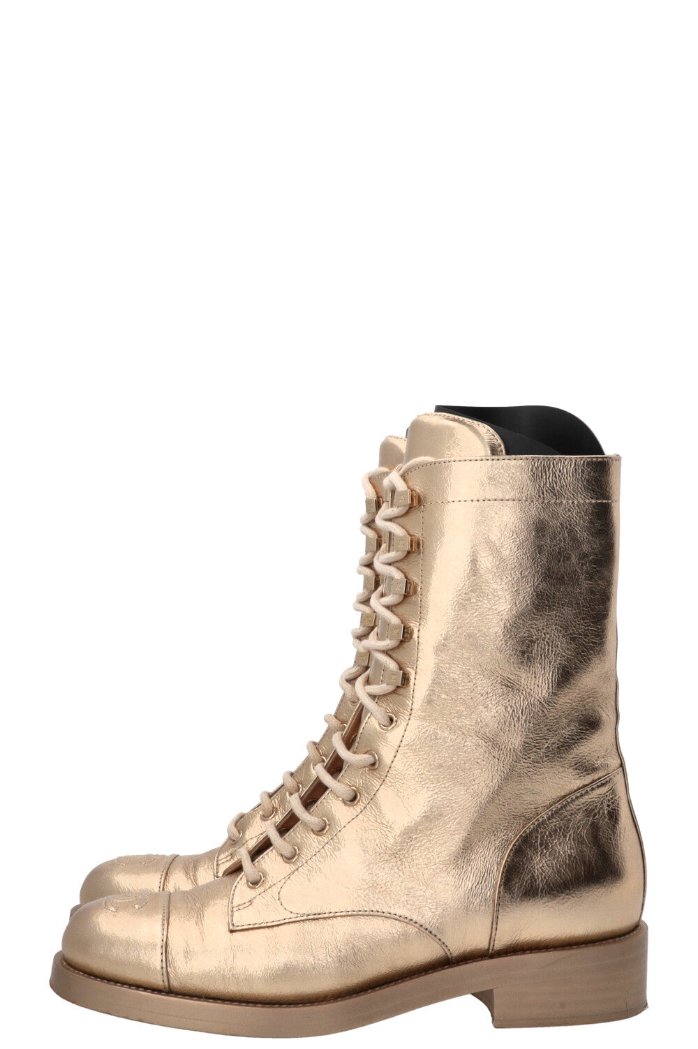 CHANEL CC Lace Up High Ankle Boots Leather Gold Calfskin Gold