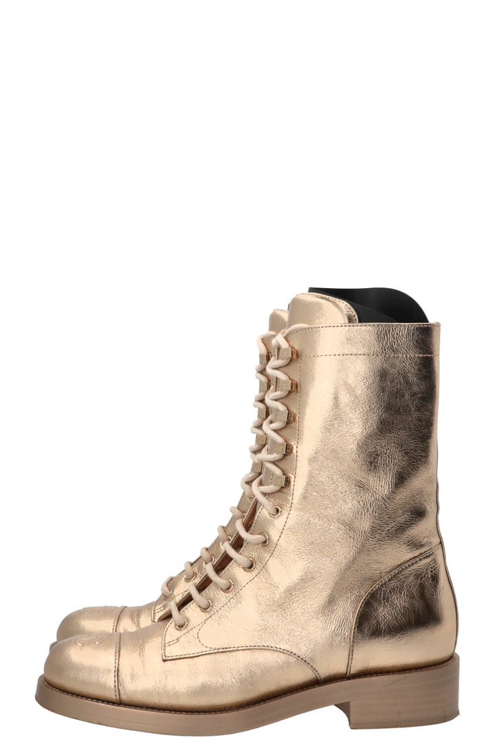 CHANEL CC Lace Up High Ankle Boots Leather Gold Calfskin Gold