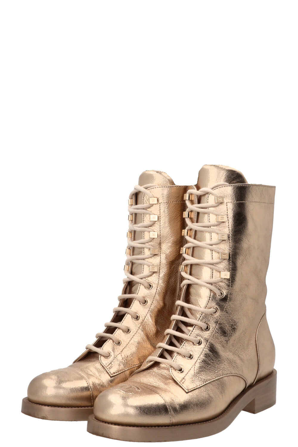 CHANEL CC Lace Up High Ankle Boots Leather Gold Calfskin Gold