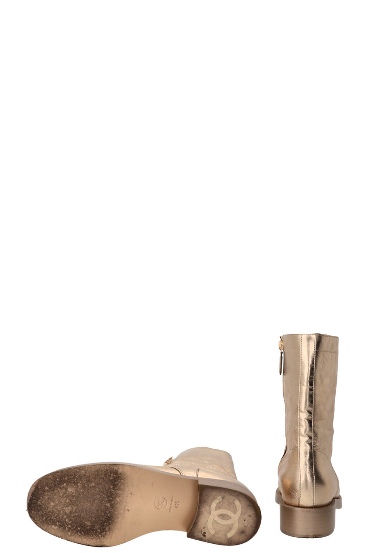 CHANEL CC Lace Up High Ankle Boots Leather Gold Calfskin Gold
