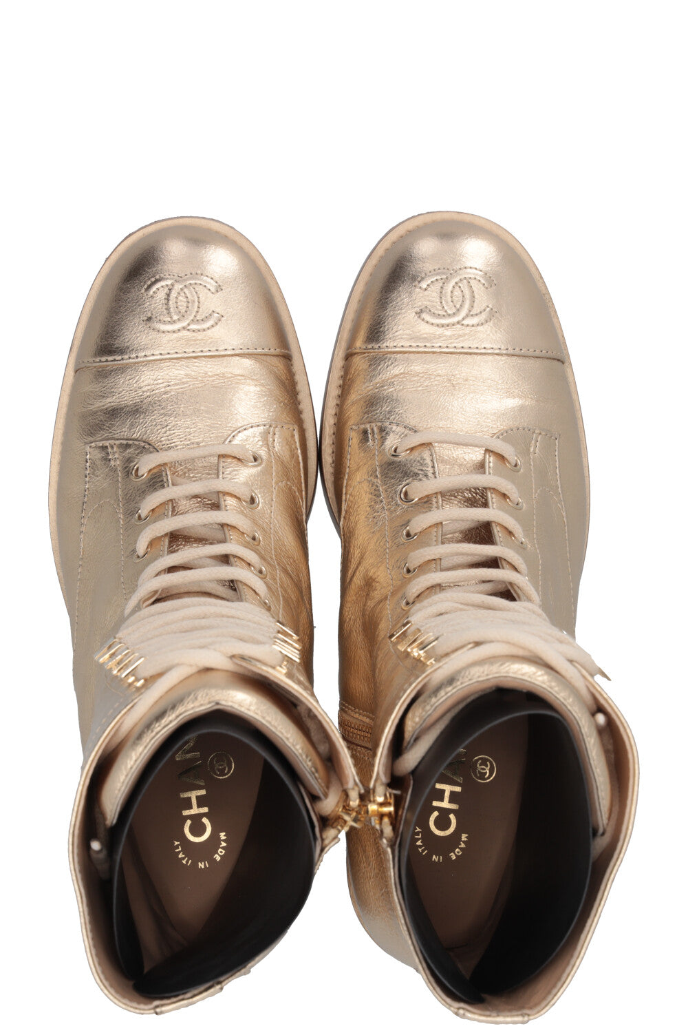 CHANEL CC Lace Up High Ankle Boots Leather Gold Calfskin Gold
