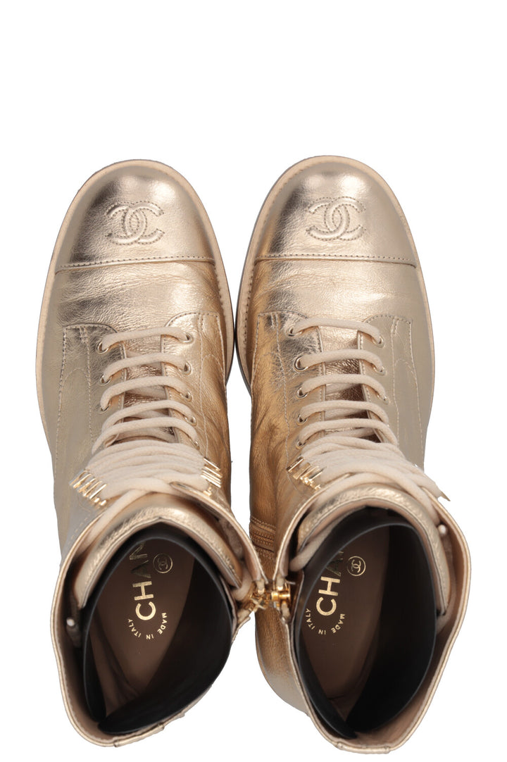 CHANEL CC Lace Up High Ankle Boots Leather Gold Calfskin Gold