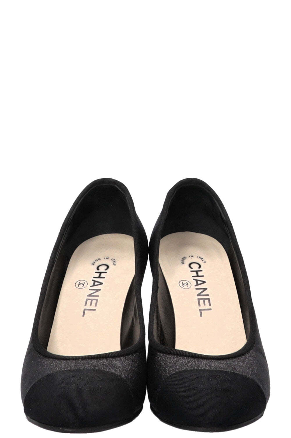 CHANEL CC Logo Glitter Pumps Grosgrain Black