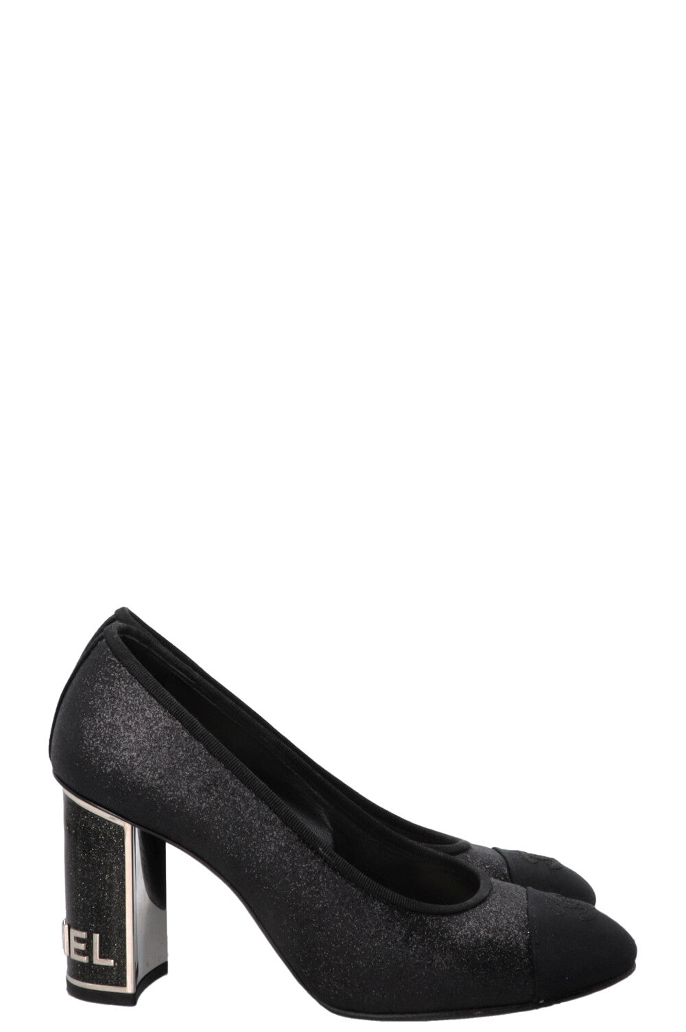 CHANEL CC Logo Glitter Pumps Grosgrain Black