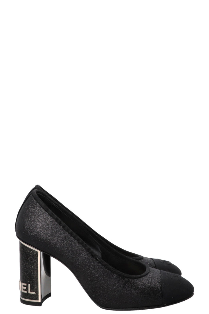 CHANEL CC Logo Glitter Pumps Grosgrain Black