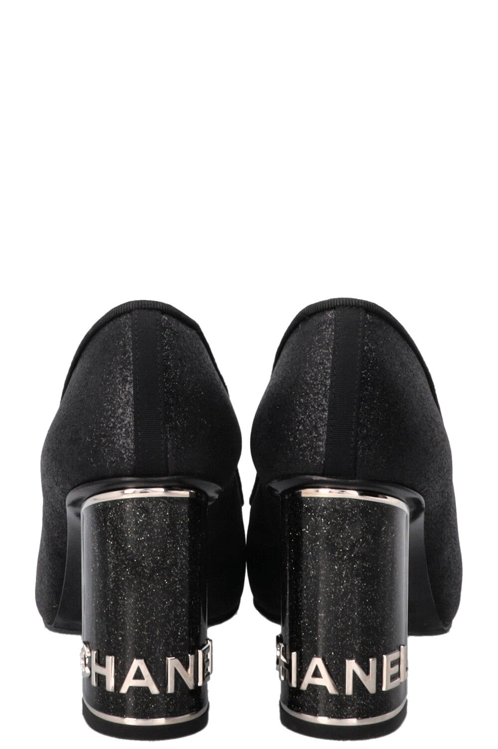 CHANEL CC Logo Glitter Pumps Grosgrain Black