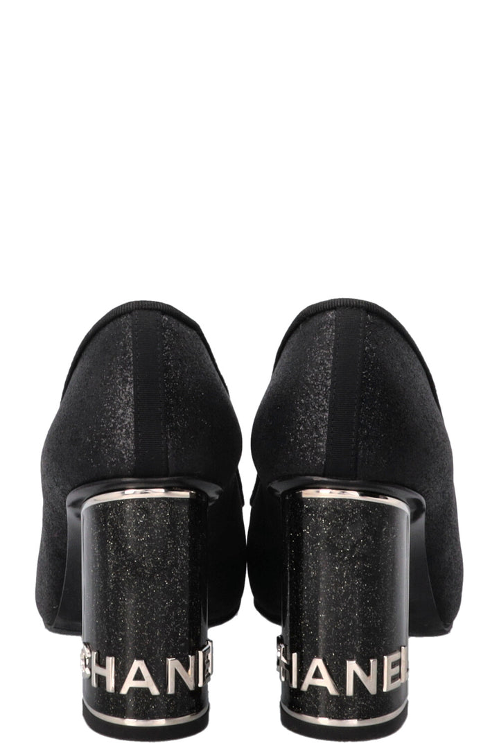 CHANEL CC Logo Glitter Pumps Grosgrain Black