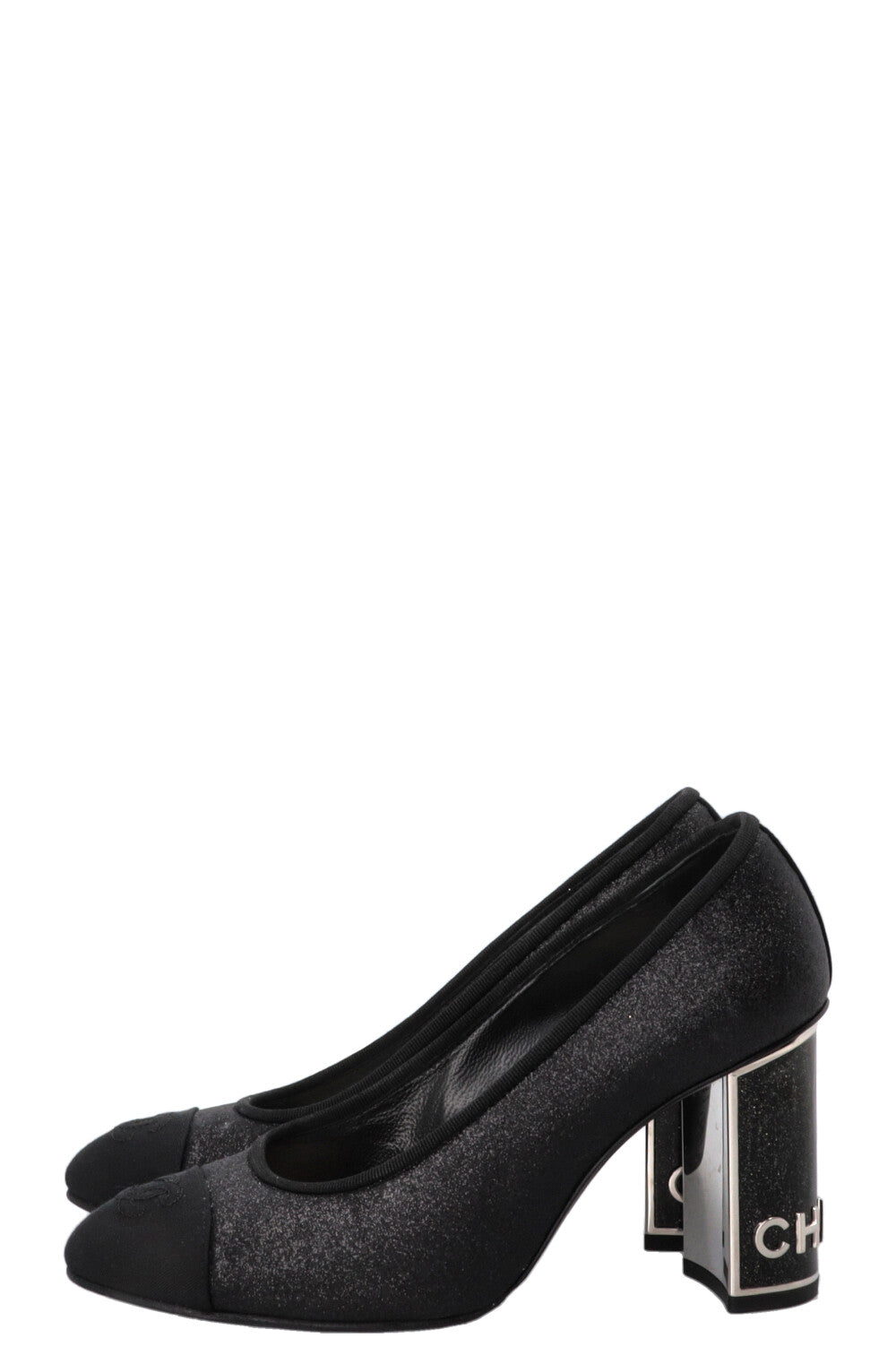 CHANEL CC Logo Glitter Pumps Grosgrain Black