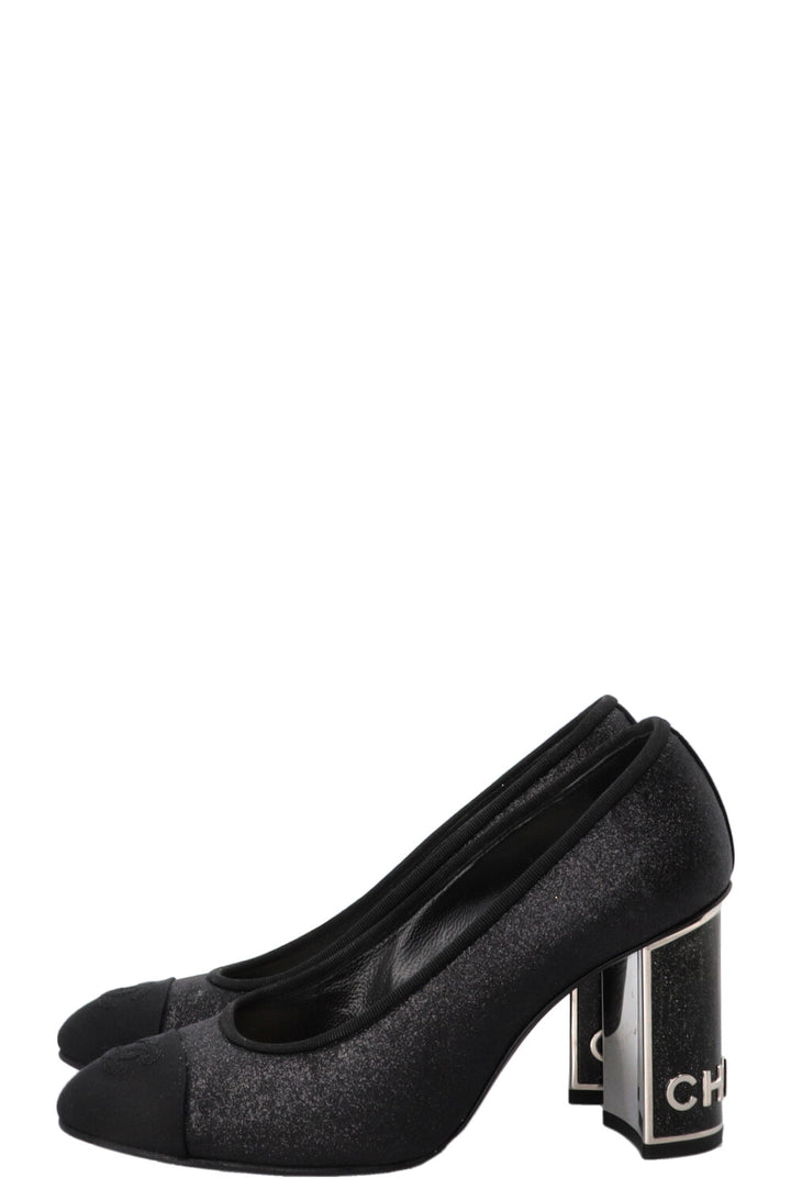 CHANEL CC Logo Glitter Pumps Grosgrain Black