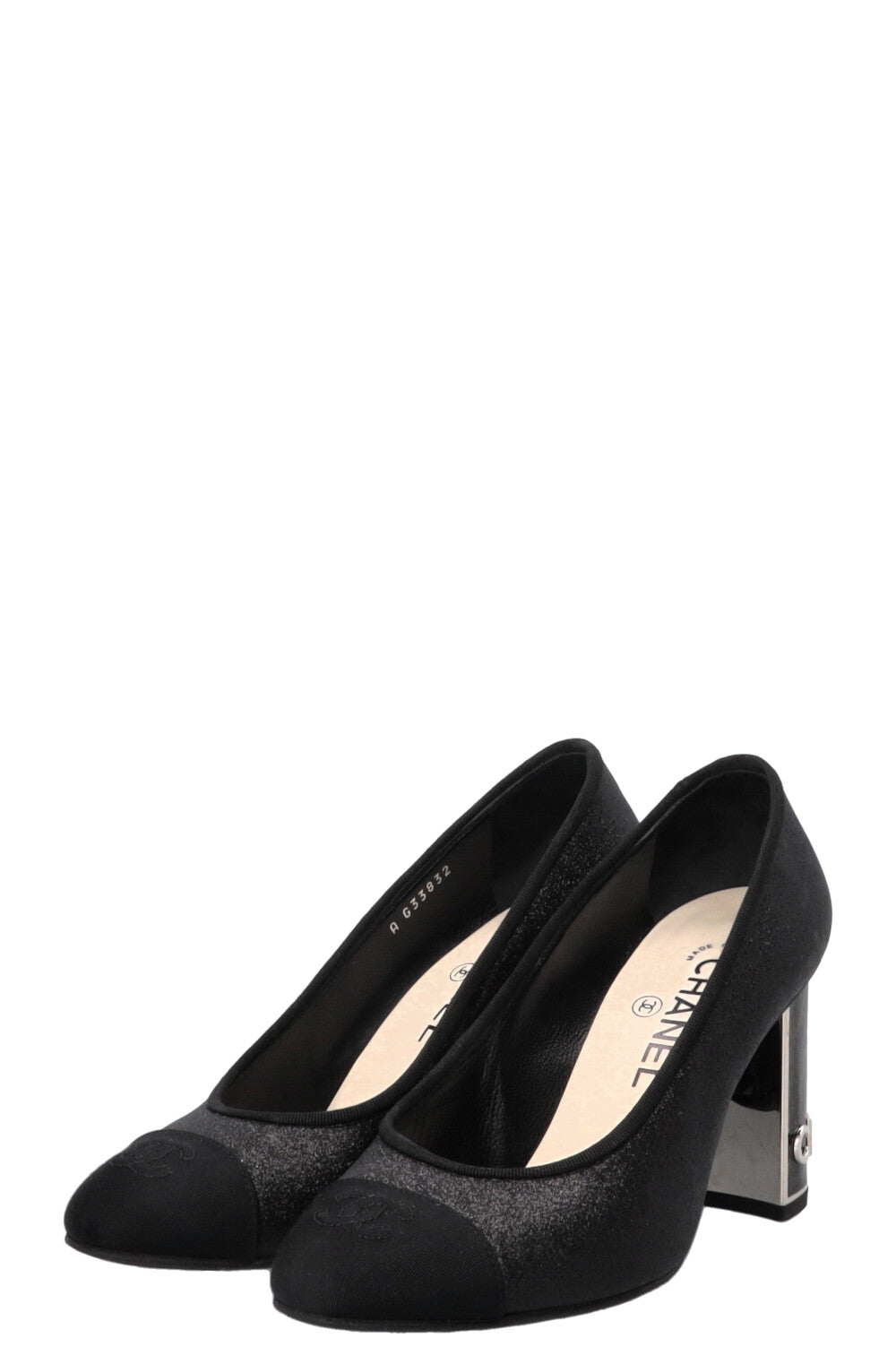 CHANEL CC Logo Glitter Pumps Grosgrain Black