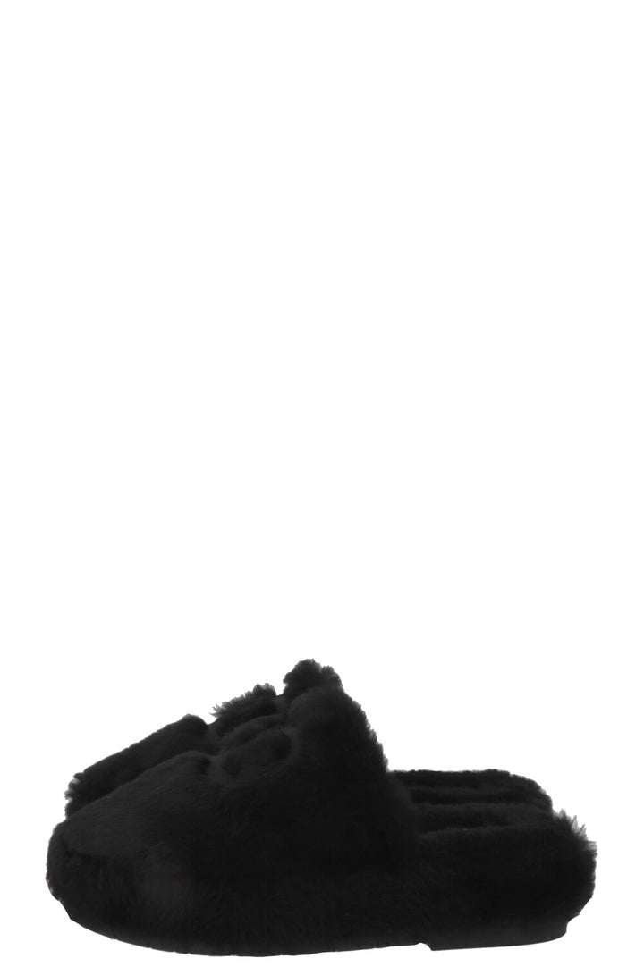 CHANEL CC Mules, Black Shearling