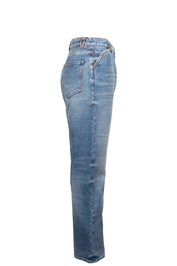 CHANEL CC Pants Denim Blue