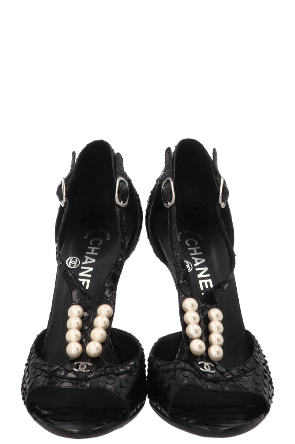 Escarpins CHANEL CC à perles en cuir python noir