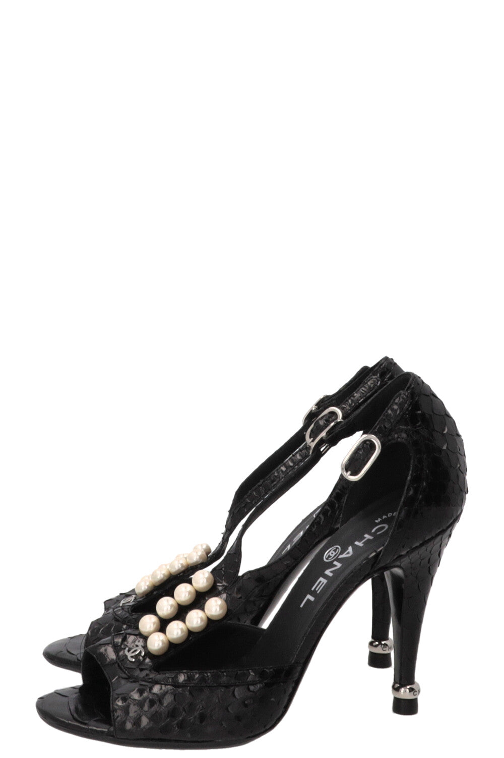 Escarpins CHANEL CC à perles en cuir python noir