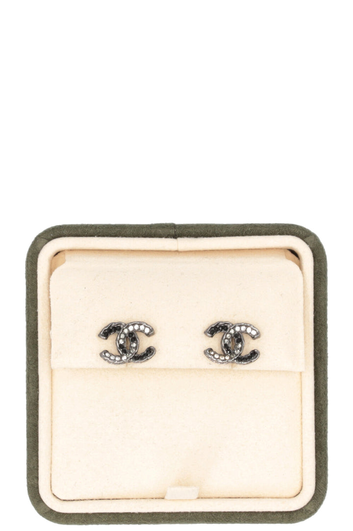 CHANEL CC Stud Earrings Black Silver Metal