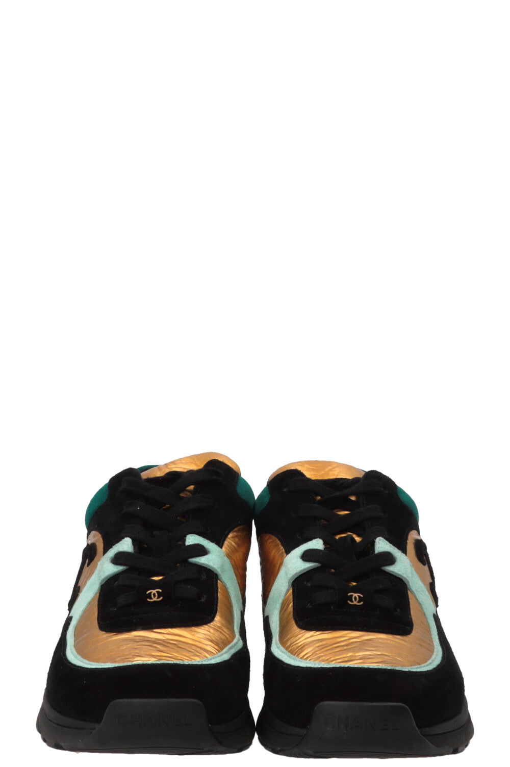 CHANEL CC Tennis Sneakers Leather Gold Black
