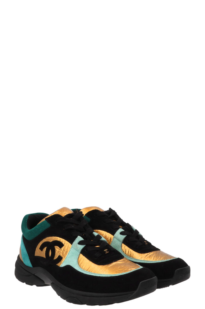 CHANEL CC Tennis Sneakers Leather Gold Black