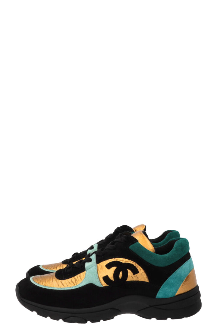 CHANEL CC Tennis Sneakers Leather Gold Black