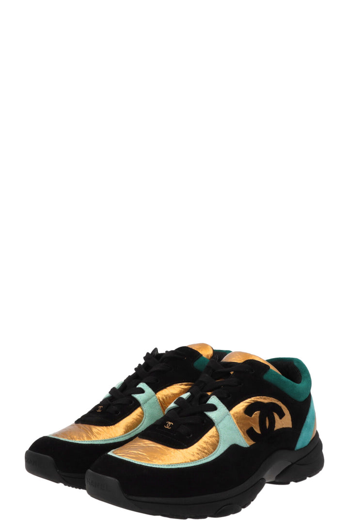 CHANEL CC Tennis Sneakers Leather Gold Black