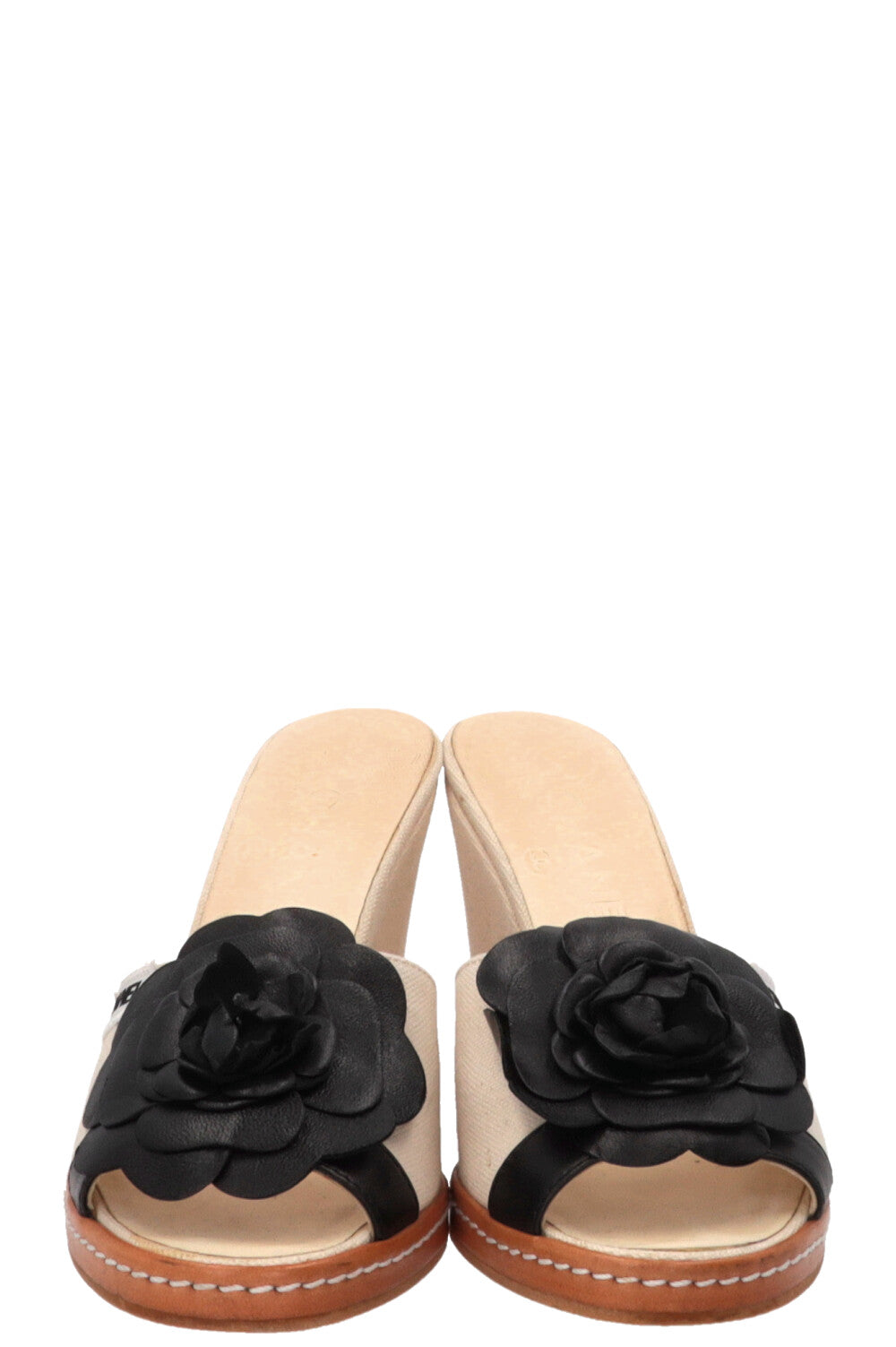 CHANEL Camellia Wedges Sandals Canvas Beige Black