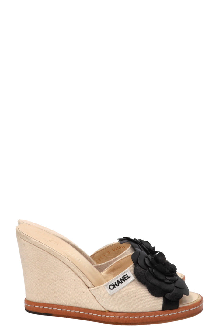 CHANEL Camellia Wedges Sandals Canvas Beige Black