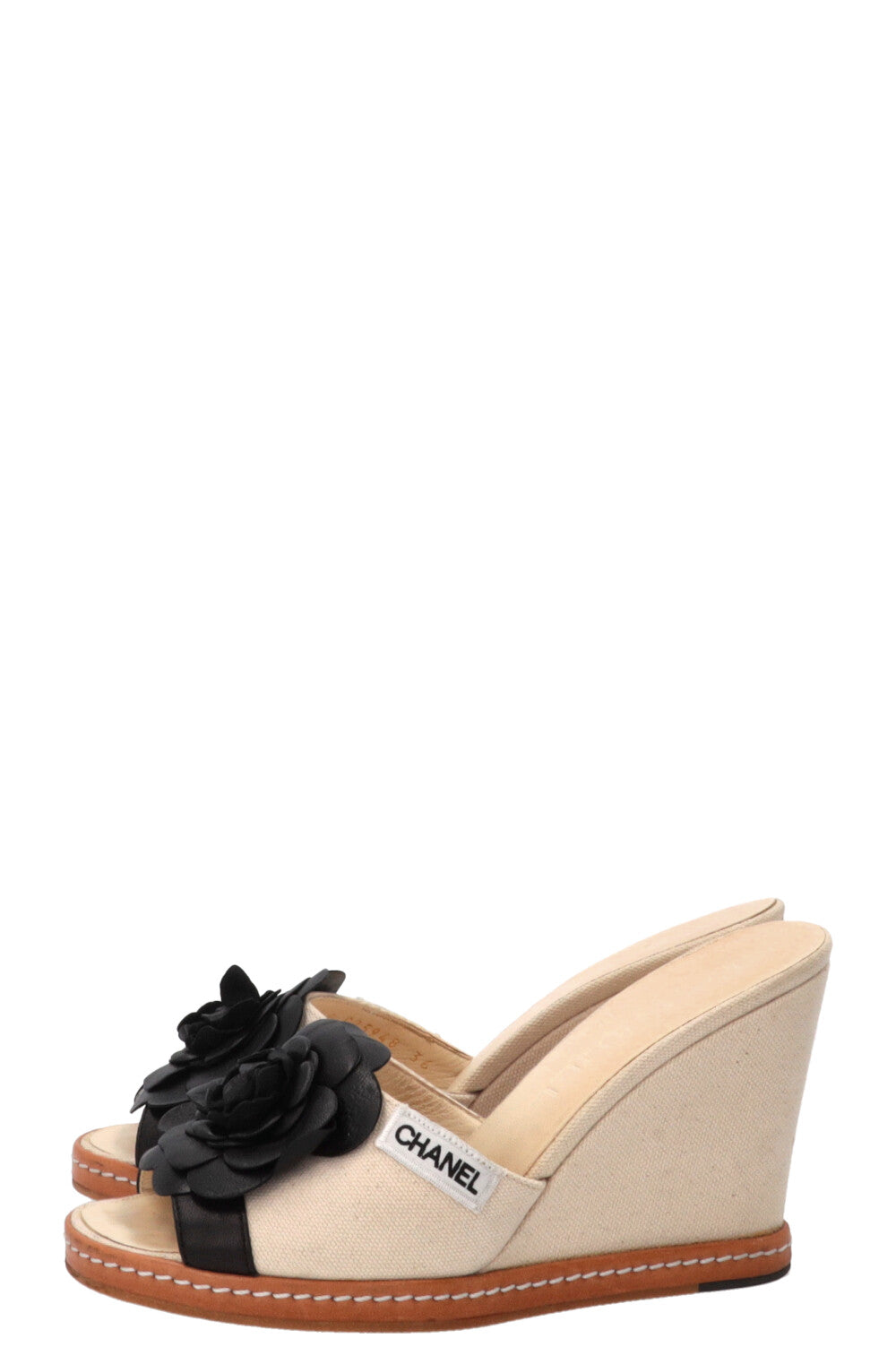 CHANEL Camellia Wedges Sandals Canvas Beige Black