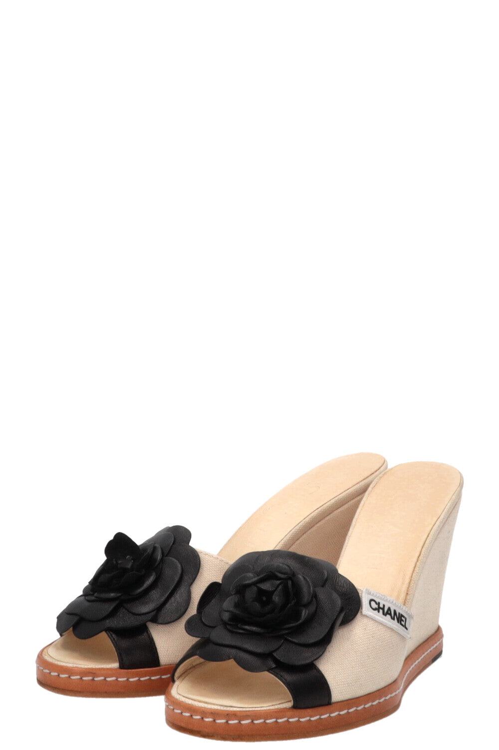 CHANEL Camellia Wedges Sandals Canvas Beige Black