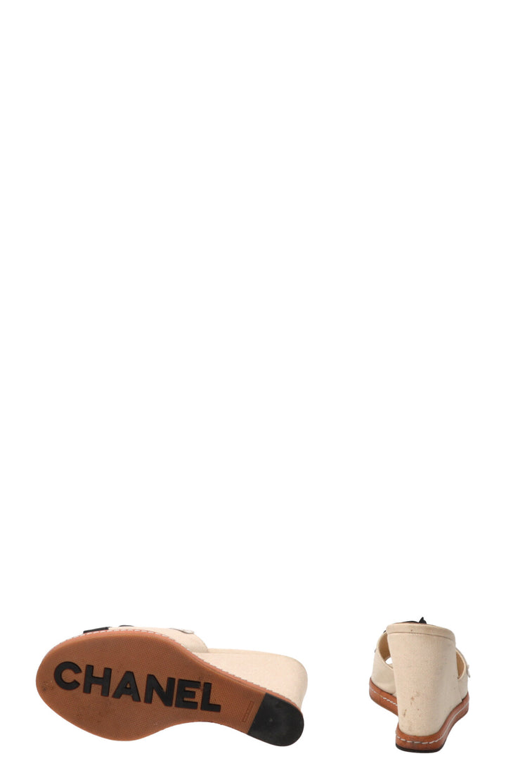 CHANEL Camellia Wedges Sandals Canvas Beige Black