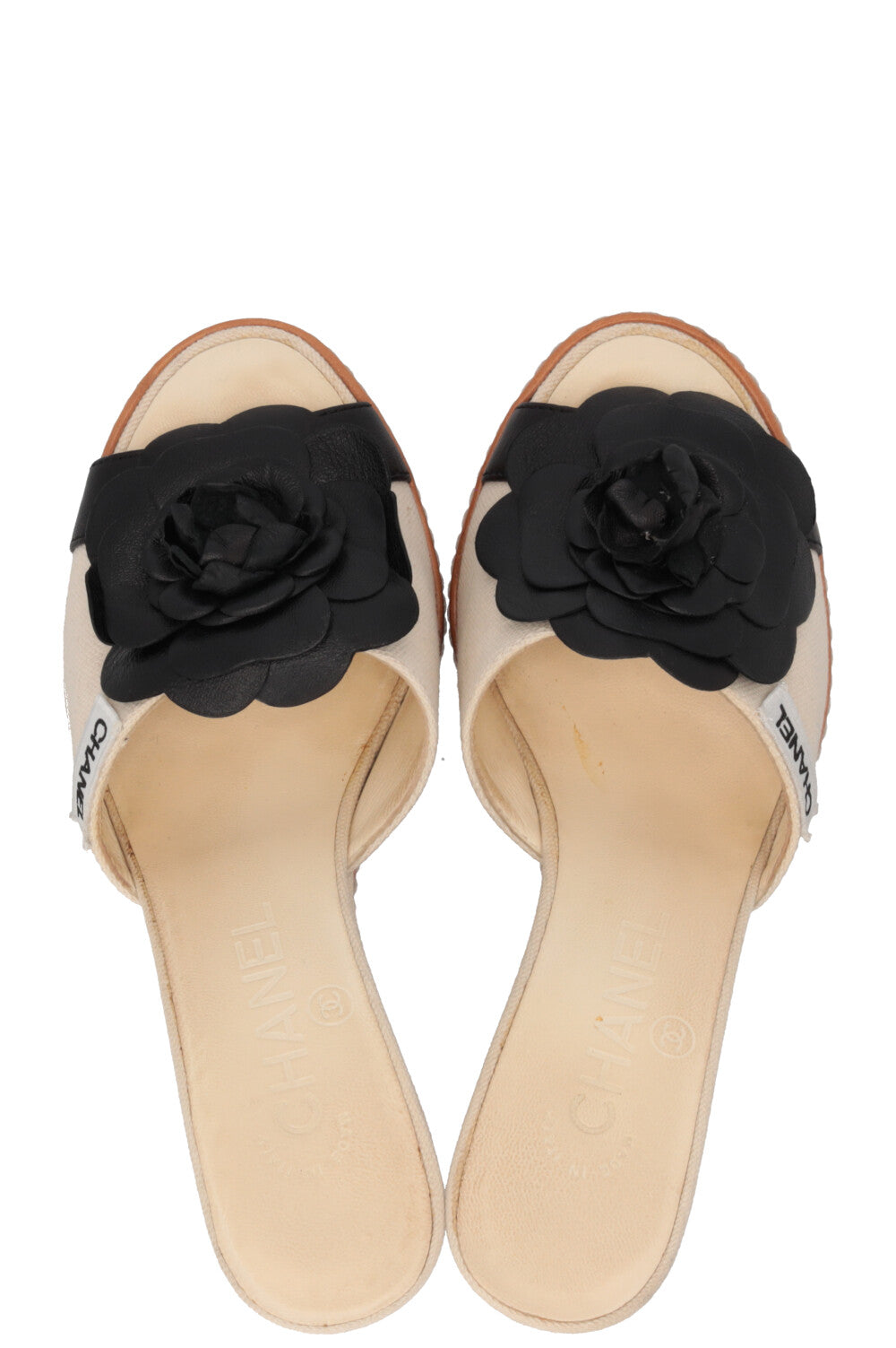 CHANEL Camellia Wedges Sandals Canvas Beige Black