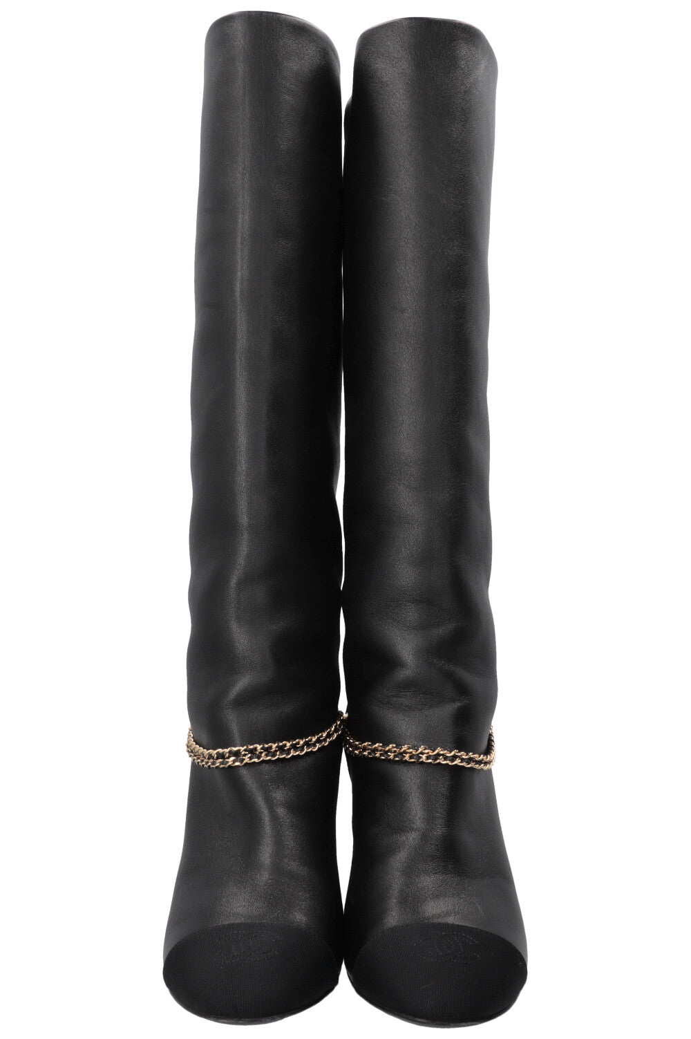 CHANEL Chain CC Cap Toe High Knee Boots Leather Black