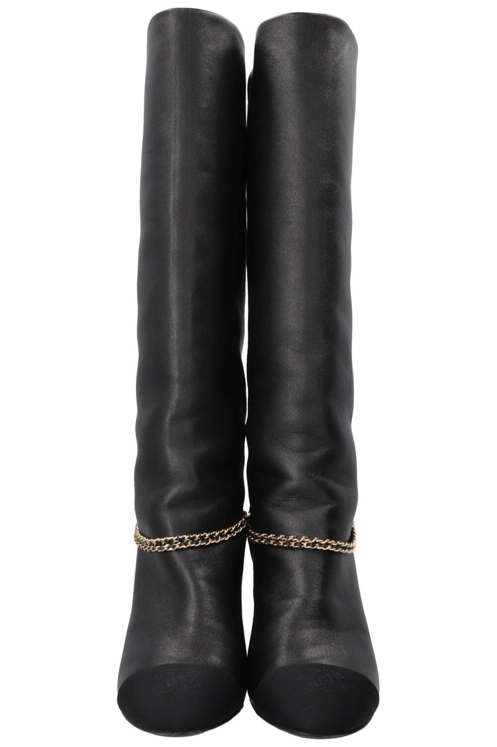 CHANEL Chain CC Cap Toe High Knee Boots Leather Black
