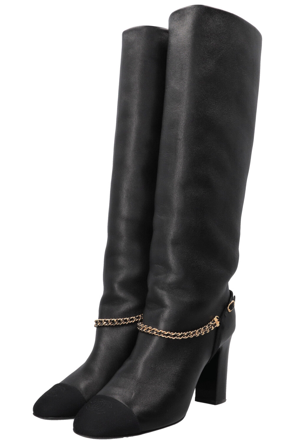 CHANEL Chain CC Cap Toe High Knee Boots Leather Black