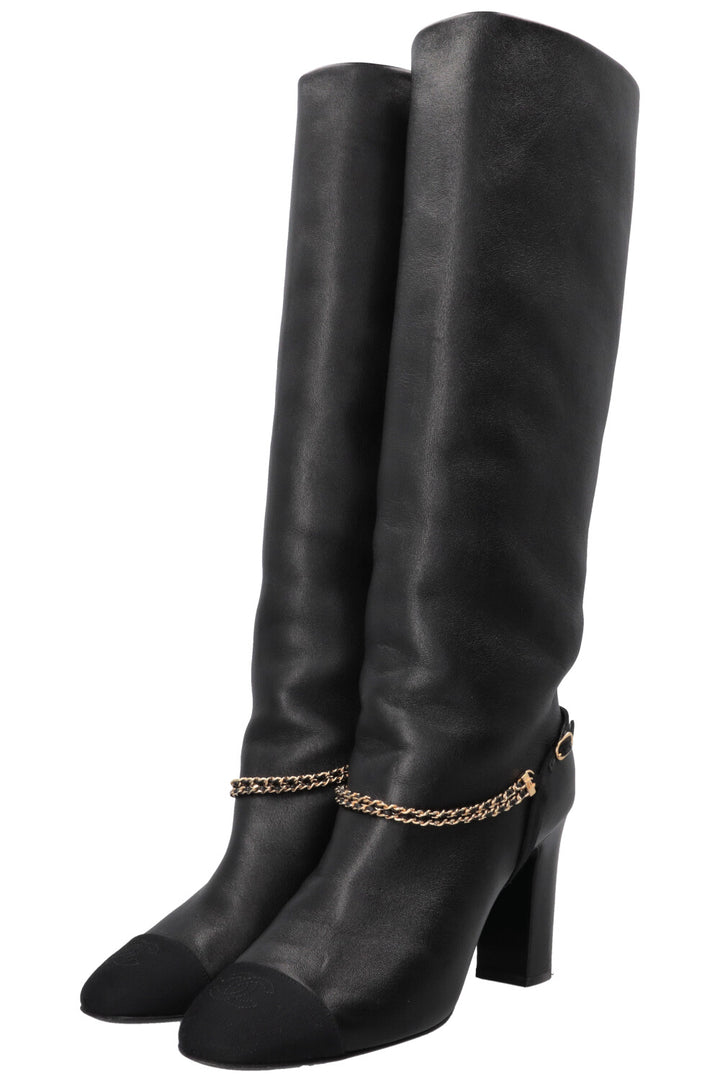 CHANEL Chain CC Cap Toe High Knee Boots Leather Black