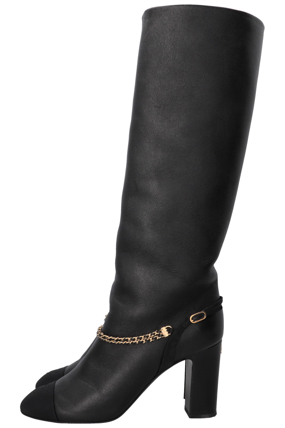 CHANEL Chain CC Cap Toe High Knee Boots Leather Black
