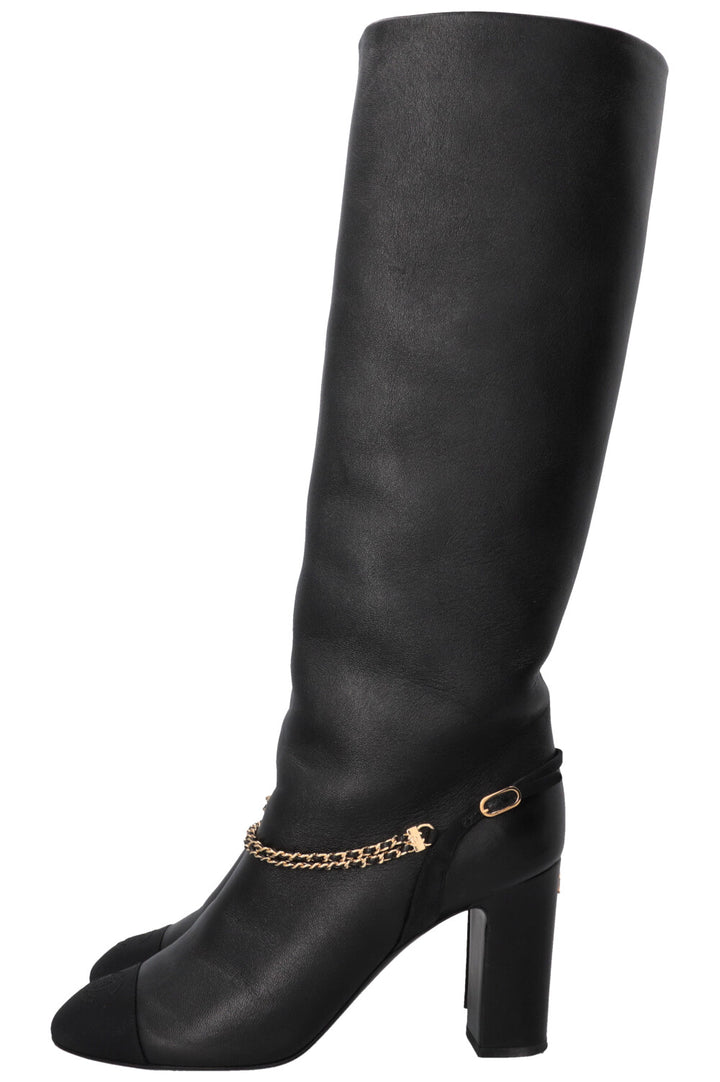 CHANEL Chain CC Cap Toe High Knee Boots Leather Black