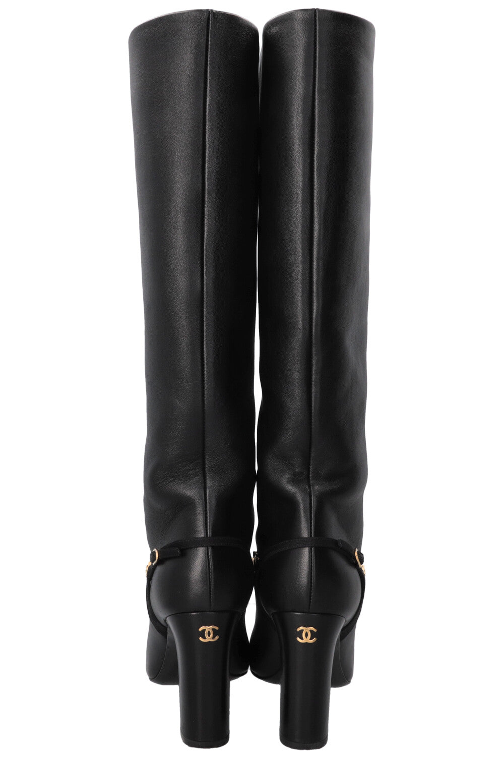 CHANEL Chain CC Cap Toe High Knee Boots Leather Black