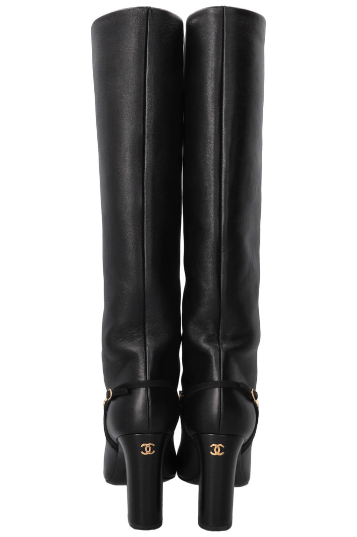 CHANEL Chain CC Cap Toe High Knee Boots Leather Black