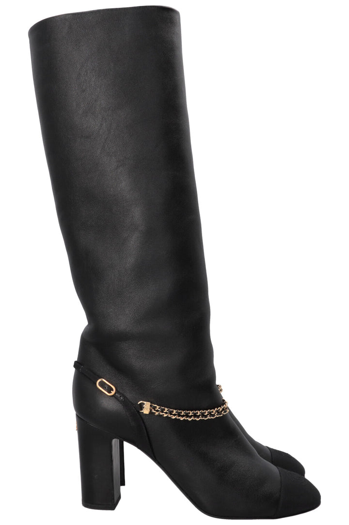 CHANEL Chain CC Cap Toe High Knee Boots Leather Black