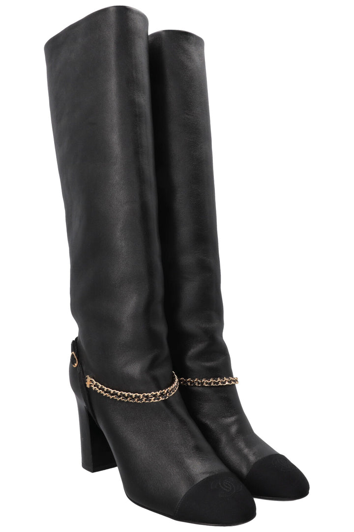 CHANEL Chain CC Cap Toe High Knee Boots Leather Black