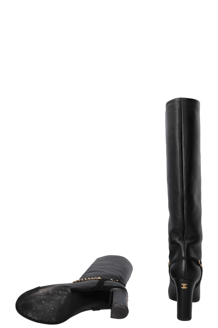 CHANEL Chain CC Cap Toe High Knee Boots Leather Black
