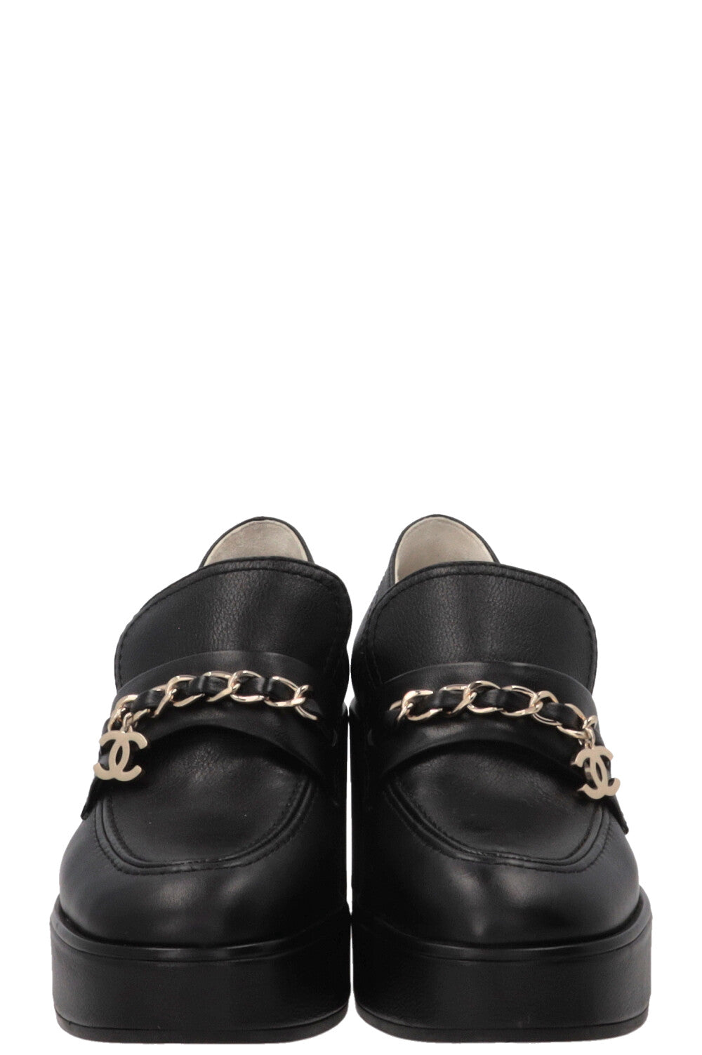 CHANEL Chain CC Plateau Loafers Leather Black