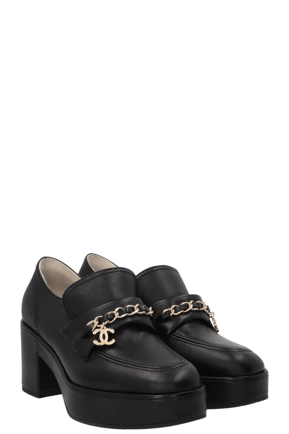 CHANEL Chain CC Plateau Loafers Leather Black