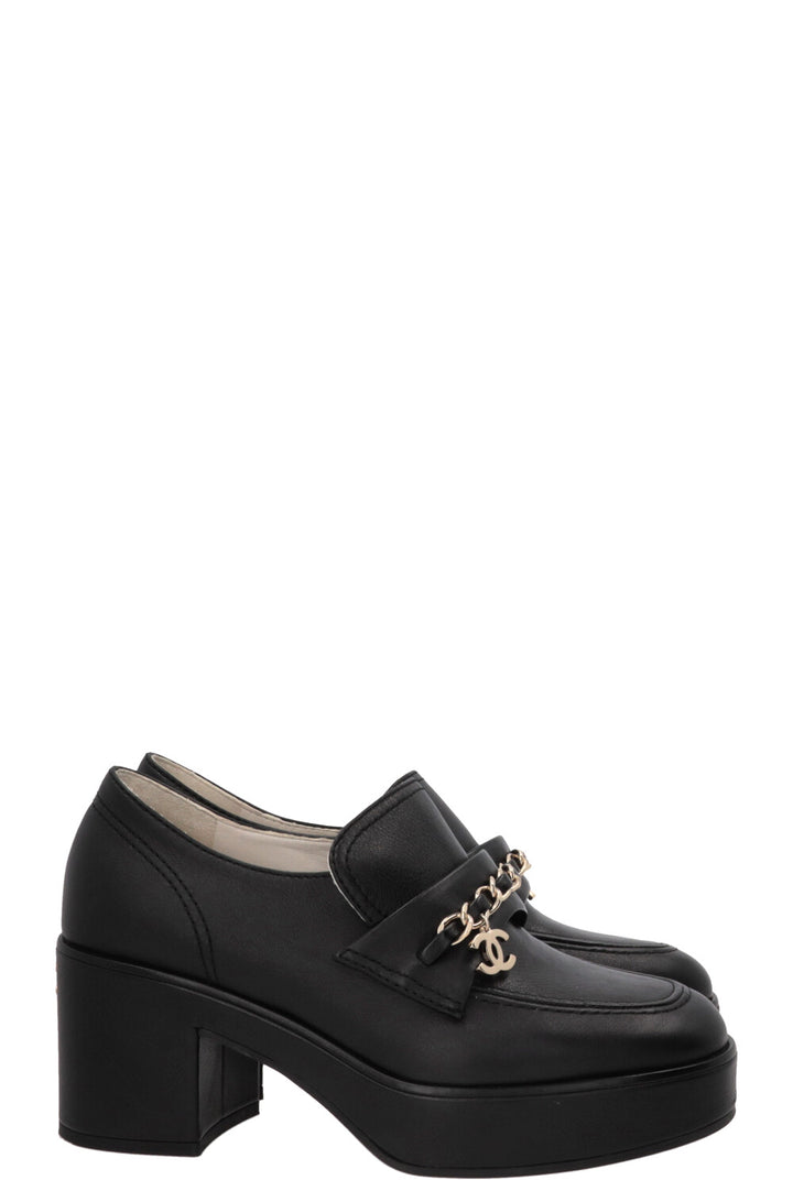 CHANEL Chain CC Plateau Loafers Leather Black