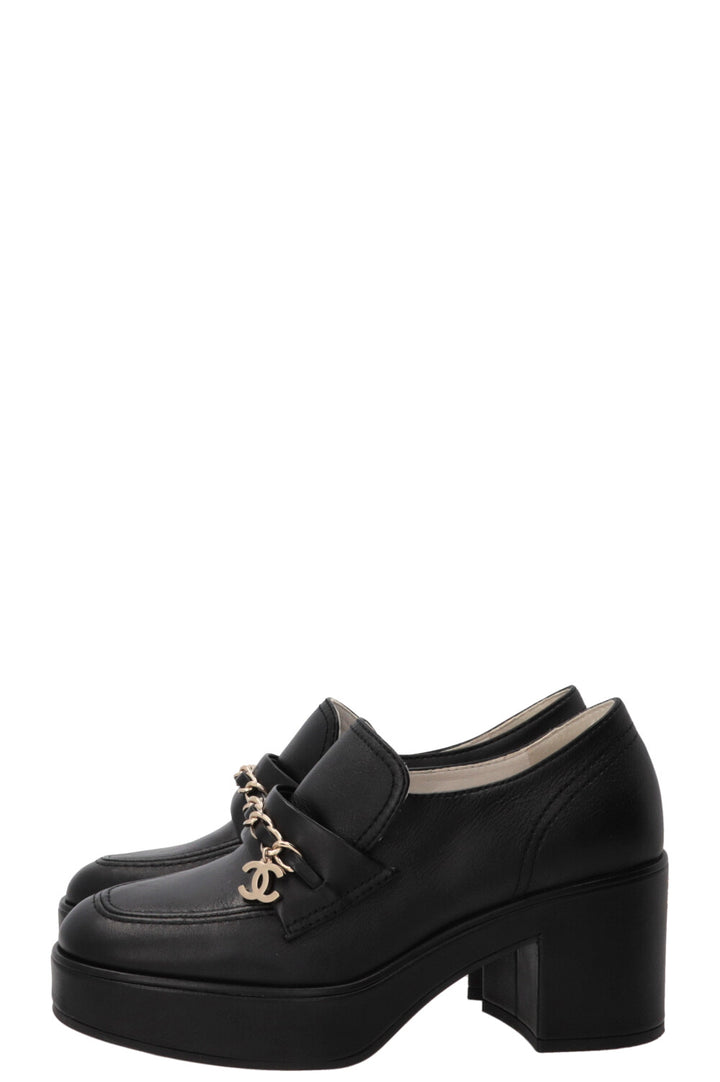 CHANEL Chain CC Plateau Loafers Leather Black
