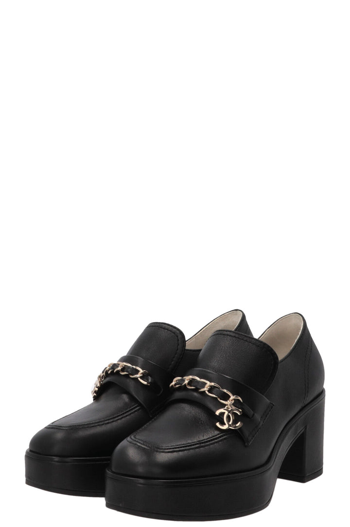 CHANEL Chain CC Plateau Loafers Leather Black