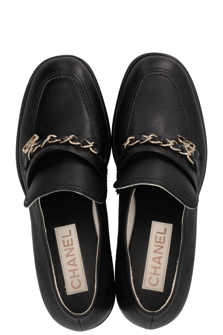 CHANEL Chain CC Plateau Loafers Leather Black